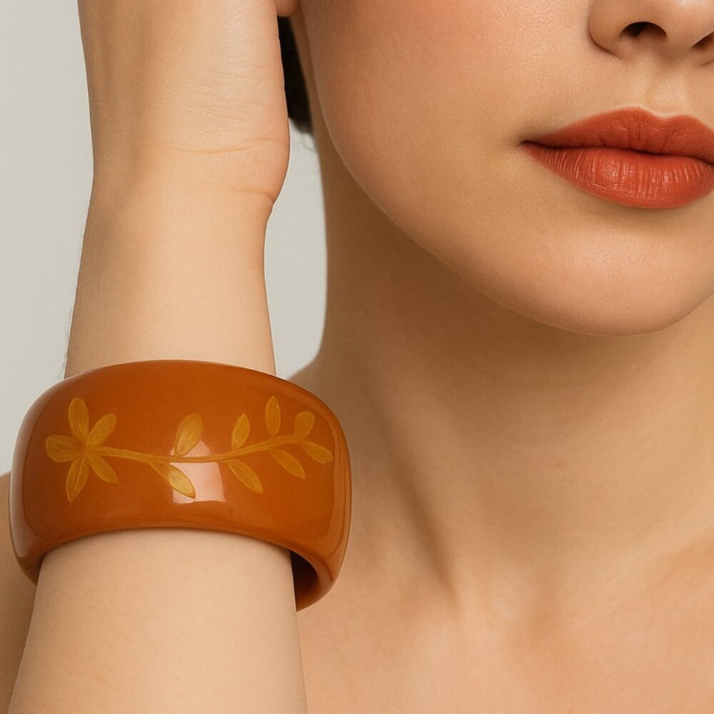 Vintage Wide‎ Butterfly Carved Terracotta Color Bakelite Bangle